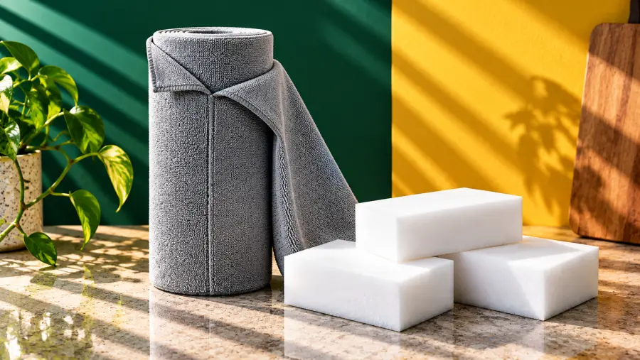 The microfiber cloth roll and three magic eraser sponges on a granite counter