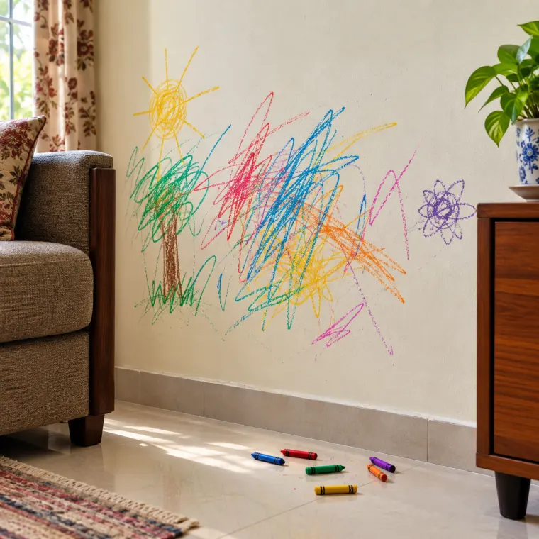 Crayon scribbles on a painted wall