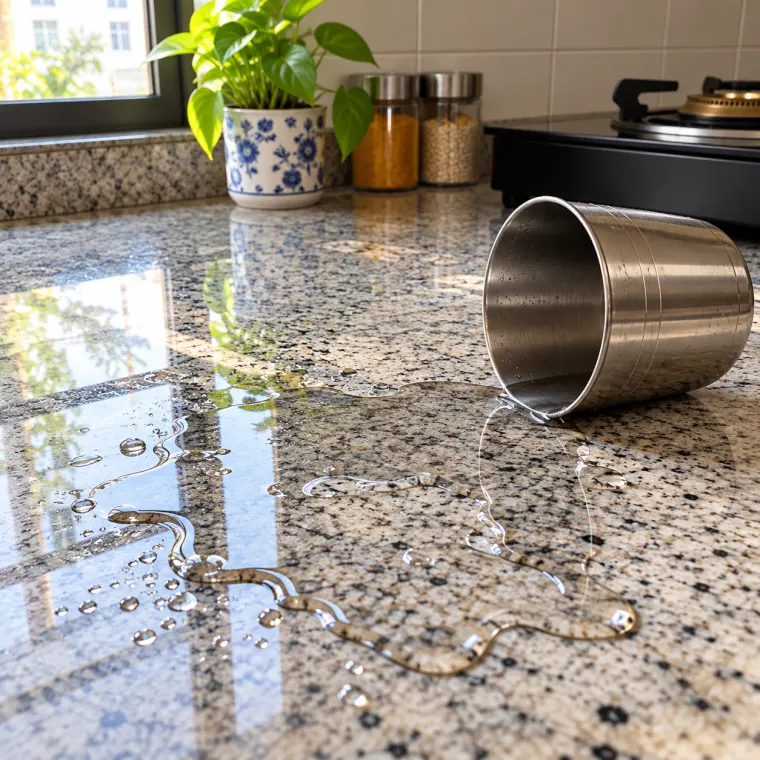 Water spilled across a granite kitchen counter