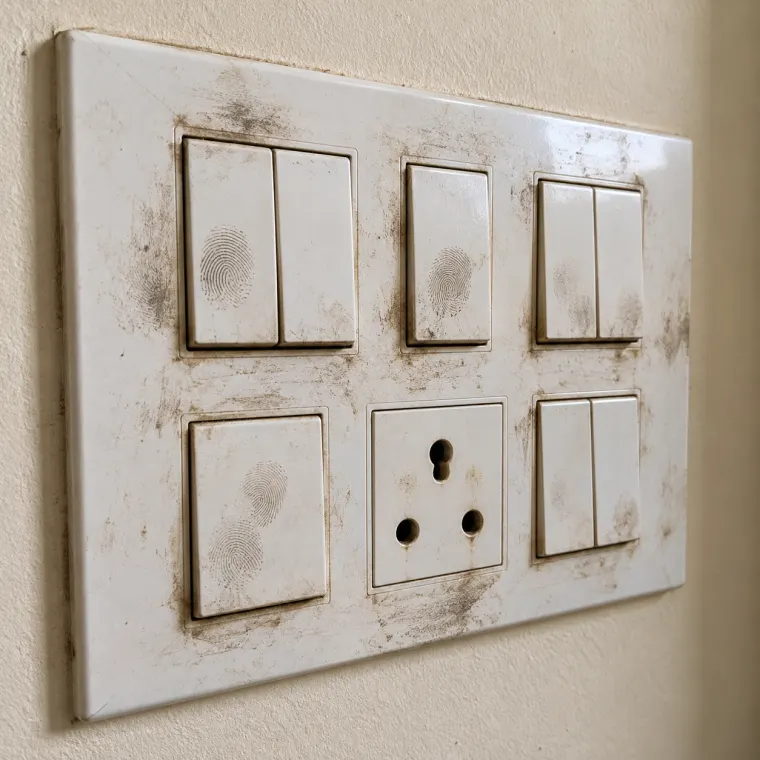 A switchboard with grimy fingerprint marks